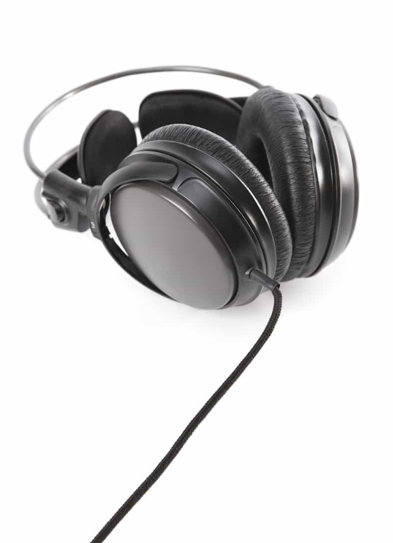 Big modern headphones with long cable. Isolated on white.